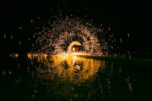 Fire show amazing at night in wedding party.
