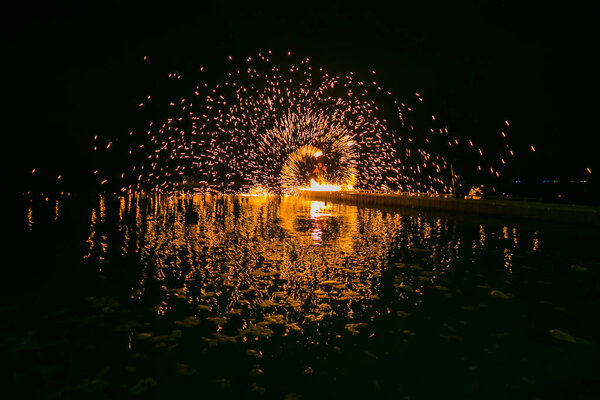 Fire show amazing at night in wedding party.