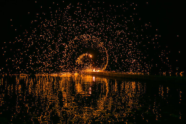 Fire show amazing at night in wedding party.