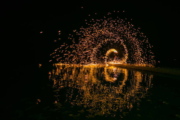 Fire show amazing at night in wedding party.
