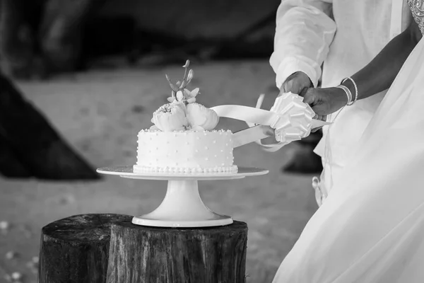 Hochzeit Schneiden einer Hochzeitstorte am Hochzeitstag. — Stockfoto