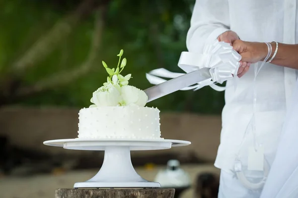 Hochzeit Schneiden einer Hochzeitstorte am Hochzeitstag. — Stockfoto