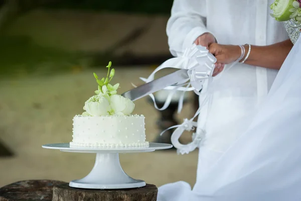 Mariage couper un gâteau de mariage le jour du mariage. — Photo