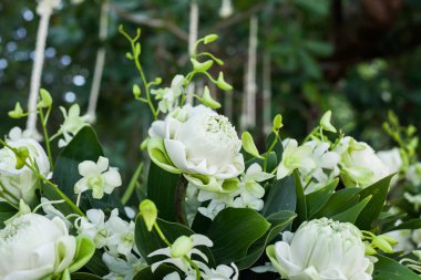 Sahildeki bir düğün töreninde çiçek aranjmanı..