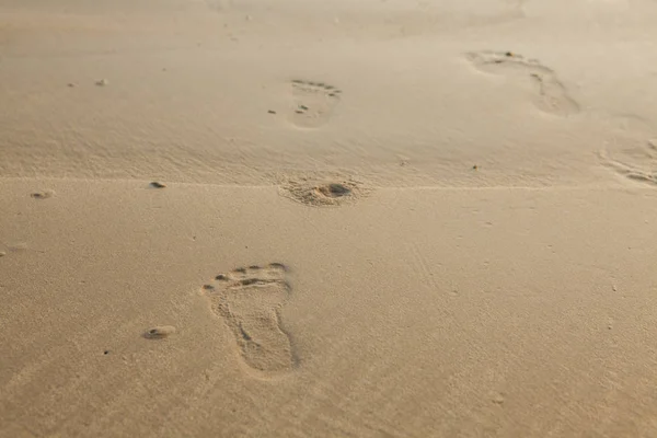 Gros plan des empreintes de pas sur la plage avec sable doré — Photo