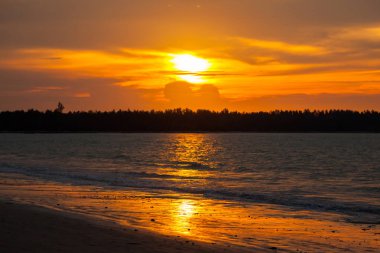 Plajda tropik gün batımı. 
