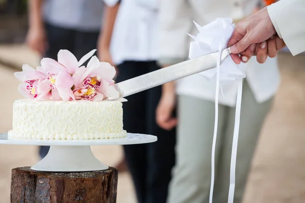 Hochzeit Schneiden Einer Hochzeitstorte Hochzeitstag — Stockfoto