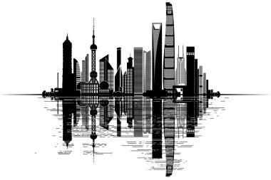 manzarası - siyah-beyaz vektör çizim shanghai