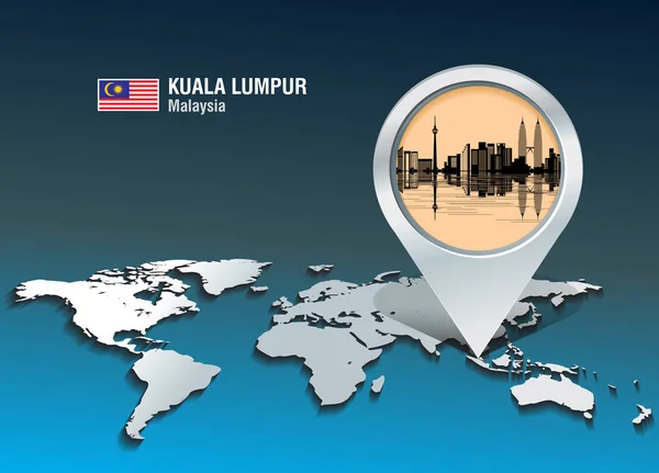 Pin de mapa con horizonte Kuala Lumpur — Vector de stock