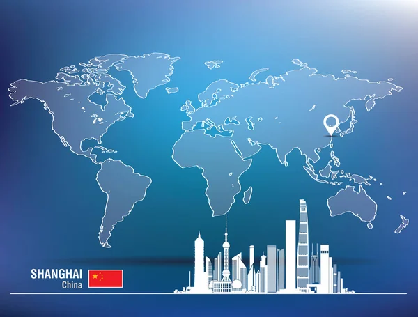 Mappa pin con skyline di Shanghai — Vettoriale Stock