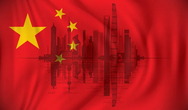 Flagge von China mit Shanghai Skyline — Stockvektor