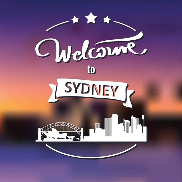 Turizmus Címke Skyline Szöveg Üdvözöljük Sydney Vektor — Stock Vector