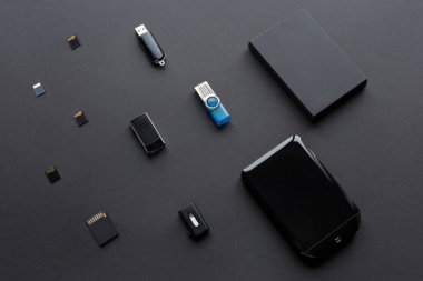Modern digital devices for the transfer and storage of information. Flash drives, external hard disks and memory cards. clipart