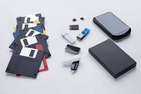 The evolution of digital devices for the transfer and storage of information. Objects isolated on white background.