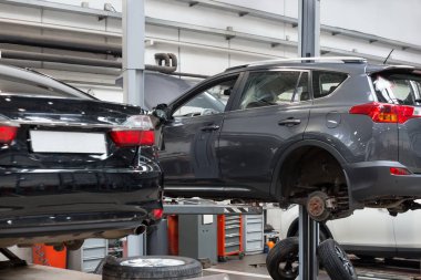 Otomobil atölyesi. Onarım ve değiştirme tekerleği için hidrolik asansörde duran arabalar.