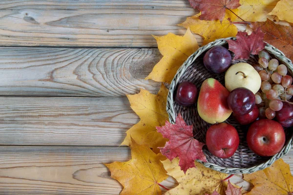 様々な果物を持つ秋の静物は、ウィッカーバスケットに横たわっています。秋のカエデの葉. — ストック写真
