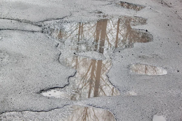 Çukur suyla dolu, asfalt bir yol. Tehlikeli yol yatağı yok edildi..