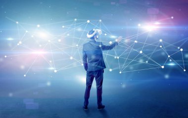 İşadamı vj gözlük ve bağlantı kavramı ile