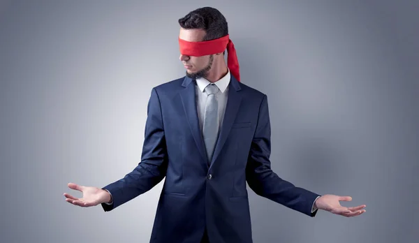 Happy Man Blindfold Person Showing Super Stock Photo 1696869070