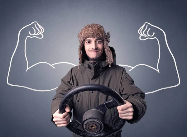 Man holding steering wheel — Stock Photo, Image