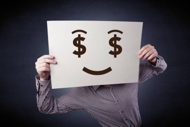 Aç gözlü duygu ile kağıt tutan işadamı 