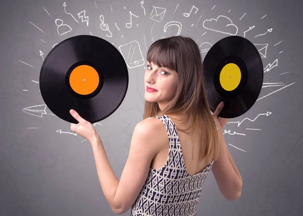 Lady vinyl record te houden — Stockfoto