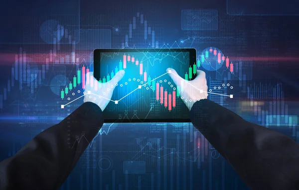 Hand holding tablet with global reports and stock market change concept — Stock Photo, Image