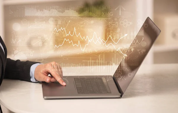 Business woman working on laptop with global financial report concept — Stock Photo, Image