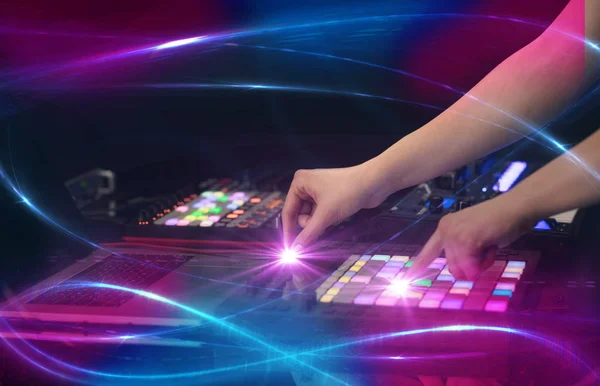 Hand mixing music on midi controller with wave vibe concept — Stock Photo, Image