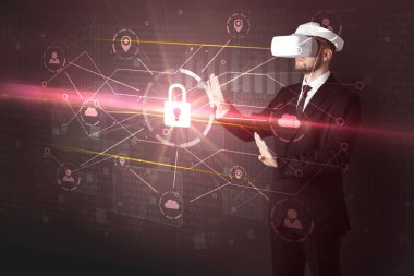 Adam ile 3d ağ kavramı kilidini Vr koruyucu gözlük