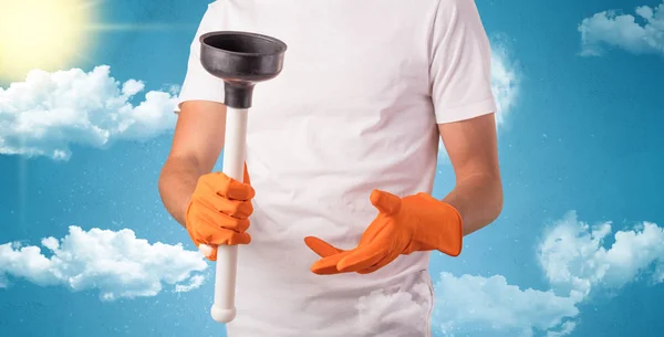 Sunny concept with housekeeper and orange gloves — Stock Photo, Image