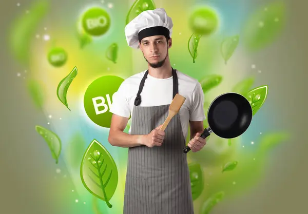 Bio bladeren concept en cook portret — Stockfoto