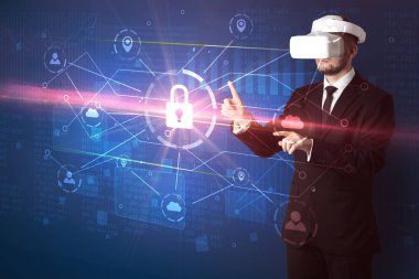 Adam ile 3d ağ kavramı kilidini Vr koruyucu gözlük