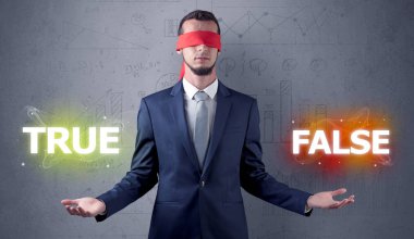 Businessman with red ribbon on his eye deciding true or false clipart