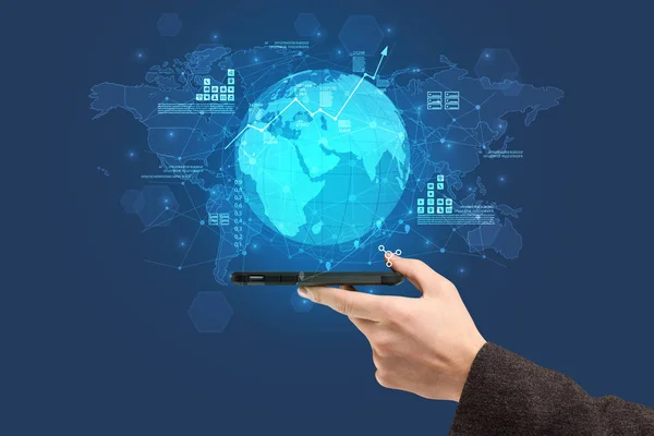 Hand touching phone with global estate report concept — Stock Photo, Image