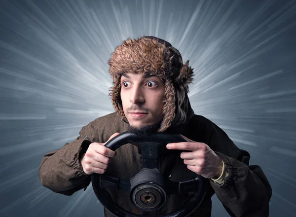 Young Man Holding Black Steering Wheel White Lines Him — Stock Photo, Image