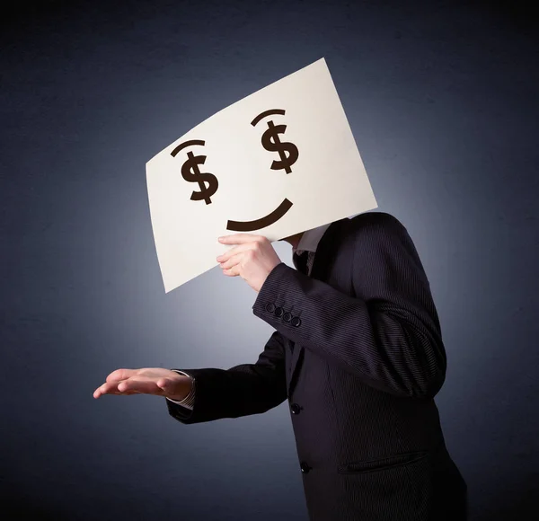 Empresário segurando papel com emoção gananciosa — Fotografia de Stock