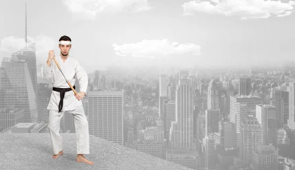 Karate man haciendo trucos de karate en la cima de una ciudad metropolitana —  Fotos de Stock