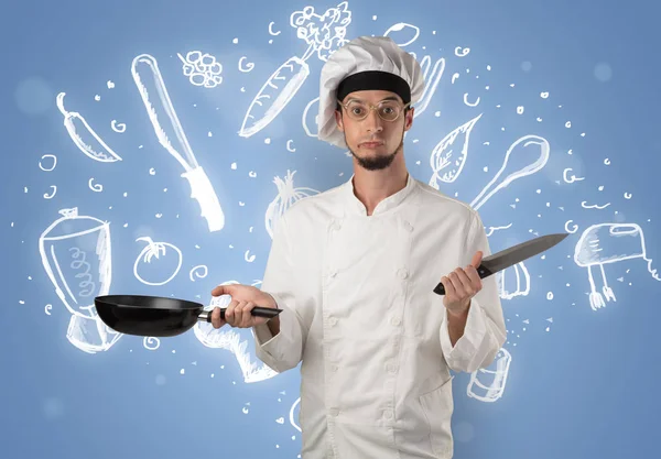 Jovem Cozinheiro Com Instrumentos Cozinha Conceito Receita Desenhada Papel Parede — Fotografia de Stock