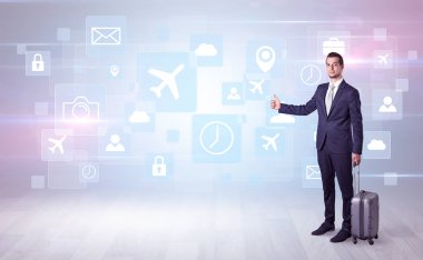 İşadamı sembolleri ile bir iş gezisi için yola