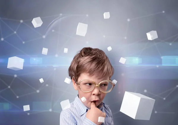 Cute kid with luminous cubes around — Stock Photo, Image