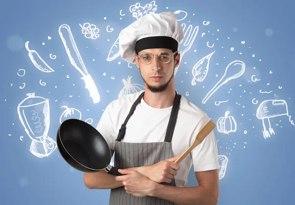 Jovem cozinheiro com giz desenho conceito de receita de sopa — Fotografia de Stock