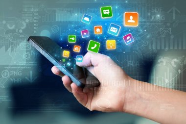 Uygulama grafik ve rapor kavramı sıçrayan ile telefon kullanarak ele