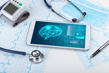 Diagnostics on tablet with brain functionality concept clipart
