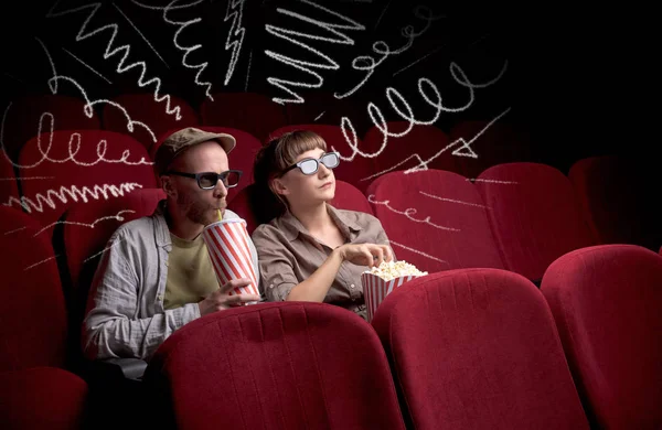 Young Cute Couple Sitting Cinema Eating Popcorn While Watching Movie — Stock Photo, Image