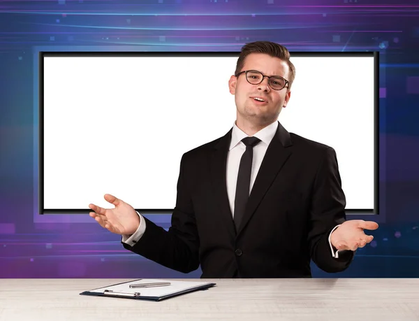 Television program host with big copy screen in his back — Stock Photo, Image