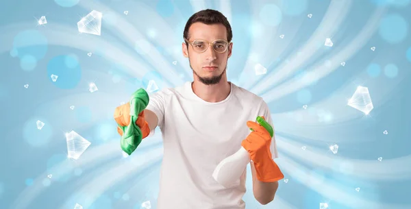 Blue diamond graphic and cleaning boy — Stock Photo, Image