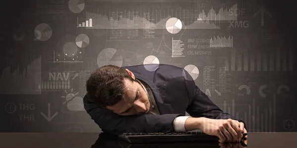 Empresario durmiendo con gráficos, gráficos e informes concepto — Foto de Stock