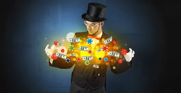 Illuzionista varázsol a kezével, szerencsejáték botok — Stock Fotó