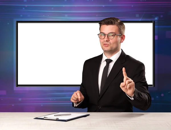 Television program host with big copy screen in his back — Stock Photo, Image